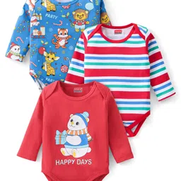Babyhug 100% Cotton Interlock Full Sleeves Striped Onesies Animal Print Pack of 3 - Red & Blue image 1