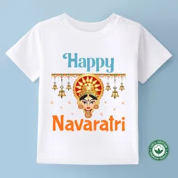 BLUSHES Navaratri Theme 100% Cotton Half Sleeves Happy Navaratri Text Printed Tee - White-picture-16