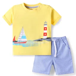 Babyhug Single Jersey Knit Half Sleeves T-Shirt & Shorts Set with Beach Theme Print - Yellow-picture-35