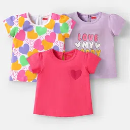 Babyhug Cotton Knit Half Sleeves T-Shirts with Hearts Print Pack of 3 - Pink White & Lavender-picture-25