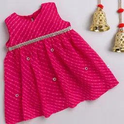 Many frocks & Georgette Woven Sleeveless Leheriya Printed Gota Lace Embellished Dress - Pink-picture-27