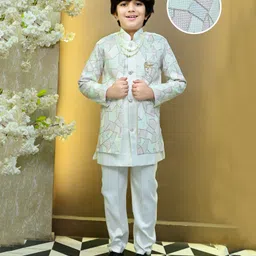 BT DEZINES Satin Woven Full Sleeves Abstract Embroidered Sequins & Pearls Embellished Sherwani Trousers With Mala Set - White-picture-22