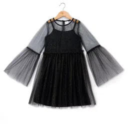 kookie kids india Kookie Kids Net Woven Full Sleeves Shimmer Party Dress With Spaghetti - Black-picture-24