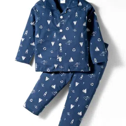 Ollypop Sinker Knit Full Sleeves Co-ords Night Suit With Boat Print - Navy Blue-picture-17