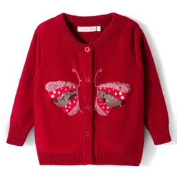 Wingsfield Full Sleeves Butterfly Designed Sequins Embellished Cardigan - Red-image-3