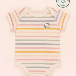 furr balls 100% Organic Cotton Knit Half Sleeves Elephant Printed Striped Onesie - Off White-picture-19