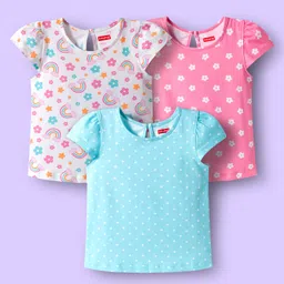 Babyhug 100% Cotton Knit Half Sleeves T-Shirts with Floral & Polka Dot Print Pack of 3 - Light Blue Pink & White-picture-28
