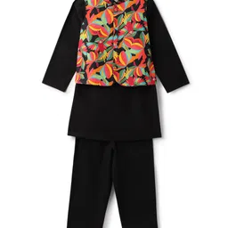 Tales & Stories Cotton Woven Full Sleeves Solid Kurta Pyjama With Leaves Printed Jacket Set - Black-picture-15