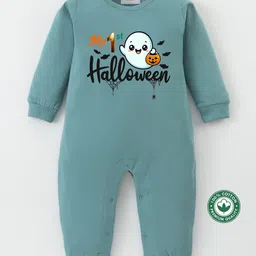 BLUSHES 100% Cotton Knit Halloween Theme Full Sleeves My 1st Halloween Text Printed Romper - Olive Green-picture-36