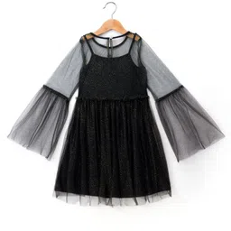 kookie kids india Kookie Kids Net Woven Full Sleeves Shimmer Party Dress With Spaghetti - Black image 2