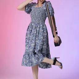 Raiyani Fashion Floral Print Puff Sleeve Fit & Flare Midi Dress-picture-18