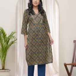 Vaasva Jaipur Blue Cotton Floral Kurti-image-3