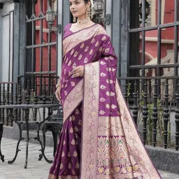 Varanga Purple Printed Banarasi Saree with Blouse Piece image 4