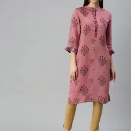 SHOWOFF Purple Cotton Printed Calf Length Straight Kurta-image-1