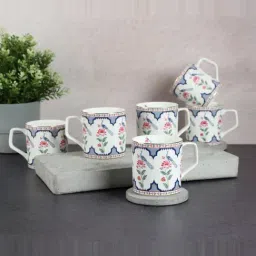 India Circus by Krsnaa Mehta White Bone China Chevron Perching Peacock Mug - Set of 6 (220 ml)-picture-32