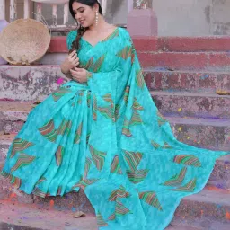 MIRCHI FASHION Turquoise Printed Saree With Unstitched Blouse image 4