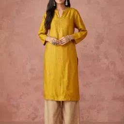Fabindia Mustard Embroidered Straight Kurta-image-90