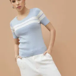 Code By Lifestyle Blue Regular Fit Striped T-Shirt-image-56