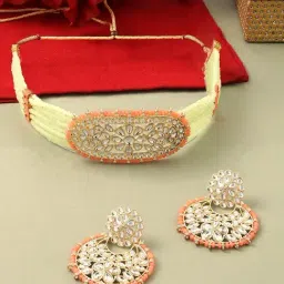 Zaveri Pearls Green & Orange Crystal Kundan & Beads Choker Necklace & Earring Set-ZPFK16725-picture-13