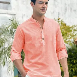 APEKTRA Mandarin Collar Roll-Up Sleeves Straight Short Kurta-image-51