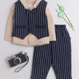 Bumzee Kids Beige & Navy Striped Full Sleeves Shirt, Waistcoat, Pants with Bow-image-29