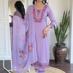 TWINS LADY Floral Yoke Design Thread Work Straight Kurta with Trousers & Dupatta image 4