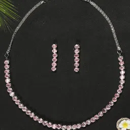 Gemron Jewel Rhodium-Plated Pink Cubic Zirconia Studded Necklace with Drop Earrings-picture-18