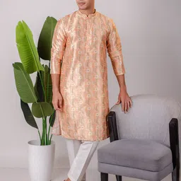 SUUTRAA BY SG Men Floral Printed Mandarin Collar Pure Silk Kurta with Pyjamas-image-29