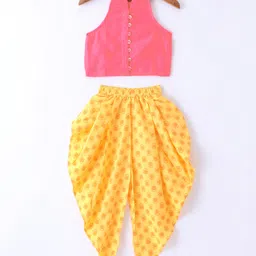 Twisha Sleeveless Incut Style Solid Top & Floral Foil Printed Dhoti - Lime Green & Pink-image-43