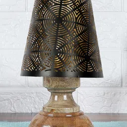 Devansh Round Metal Etching Table Lamp With Natural wood Round Base-image-31