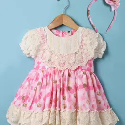 ToffyHouse Woven Half Sleeves Party Dress With Floral Lace Detailing & Hairband - Pink & White-picture-27