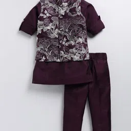LITTLE COLLARS Full Sleeves Solid Kurta Pyjama With Floral Embroidered Jacket - Wine-picture-18