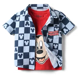 Babyhug Disney Single Jersey Knit Half Sleeves Shirt & Inner T-Shirt With Mickey Mouse Graphics And Pocket Detailing - Red & Navy Blue-picture-13