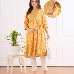 Bella Mama Viscose Woven Three Fourth Sleeves Maternity Kurta with Embroidered Yoke & Sequin Detailing - Mustard-picture-21