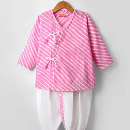 Exclusive from Jaipur Cotton Woven Full Sleeves Kurta Dhoti Set With Leheriya Design - Pink & White-picture-23
