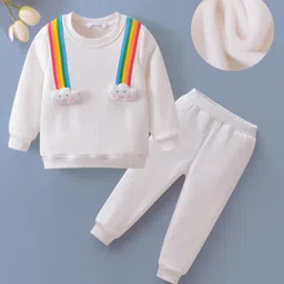 Mark & Mia Full Sleeves Winter Wear T-Shirt & Lounge Pant Set With Cloud Applique & Rainbow Print - White-picture-31