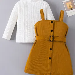 Mark & Mia Full Sleeves Textured Winter Frock with Inner Tee & Belt - Brown & White image 1
