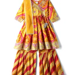 Teentaare Cotton Woven Three Fourth Sleeves Printed Kurti Gharara Set with Dupatta & Lace Detailing - Yellow & Red-picture-22