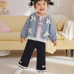 Googo Gaaga Cotton Knit Typography Printed Top Trousers With Full Sleeves Bow Knot Applique Detailed Jacket Set - Blue-image-22