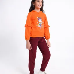 ollington st. Ollington St Full Sleeves Winter Wear Hooded Sweatshirt & Joggers Set Girl Print With Graphics- Orange Maroon image 2
