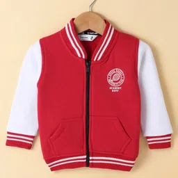 Ruff Fleece Knit Full Sleeves Bomber Jacket with T-Shirt Text Print - Red image 2