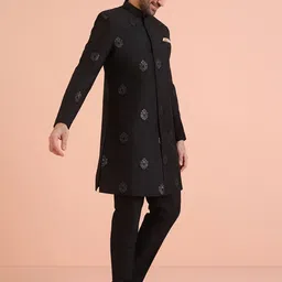 KISAH Men Black Jacquard Indo western Sherwani Trouser Set image 4