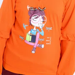 ollington st. Ollington St Full Sleeves Winter Wear Hooded Sweatshirt & Joggers Set Girl Print With Graphics- Orange Maroon image 4
