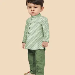 little desi Full Sleeves Ethnic Motif Printed Kurta With Solid Pyjama Set - Sage Green image 5
