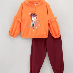 ollington st. Ollington St Full Sleeves Winter Wear Hooded Sweatshirt & Joggers Set Girl Print With Graphics- Orange Maroon image 5