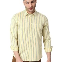 Basics Yellow Cotton Slim Fit Striped Shirt-picture-29