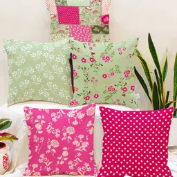 STITCHNEST Pink & Green 5 Pieces Floral Square Cushion Covers-image-61