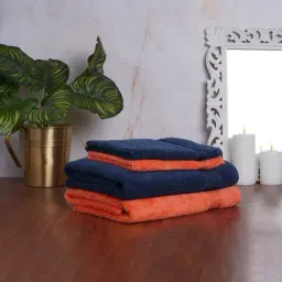 Spaces Solid Orange & Navy Blue Cotton Towel Combo - Set of 4-image-17