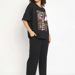 Clovia Black Cotton Printed Top & Pyjama Set image 4
