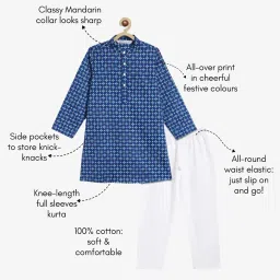 Campana Kids Blue & White Cotton Printed Full Sleeves Kurta & pyjama image 4